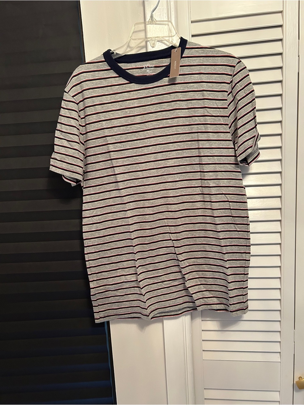 J. Crew Heather Gray Striped Crewneck Tee with Navy Trim
